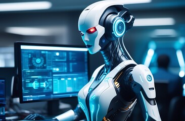 working at a computer, artificial intelligence in human life,Cyborg Robot At Work,Evil Eyes,White Robot,Cyborg Woman At Work,Cybernetic Style - obrazy, fototapety, plakaty