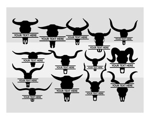 Longhorn Head Skull Split Monogram, Longhorn Head Skull SVG, Longhorn Head Skull, Longhorn Head Monogram, Cow Skull, Clipart, Bull Skull, Silhouette, Vector, Split Monogram