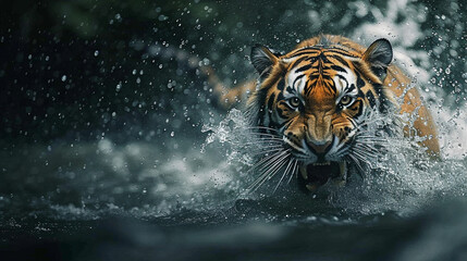 Angry tigers running in the water