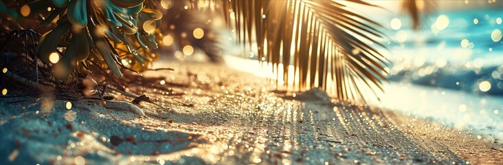 Golden Sunset Beach Wallpaper and Design with Palm Trees and Soft Waves, Generative AI