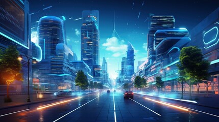 Smart city with futuristic street and holographic display for advance infrastructure concept. Created with Generative AI - obrazy, fototapety, plakaty