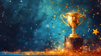 new celebration, a golden trophy with stars around it on a blue background with a black background and a gold star around it - obrazy, fototapety, plakaty