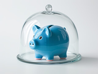 Blue piggy bank under glass bell on a white background. Concept of money protection and financial security. - obrazy, fototapety, plakaty