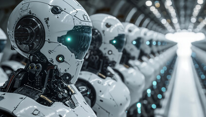 Robot queue, rows of robots answering customer calls as customer service, artificial intelligence, future robots working for the factory,3d robots