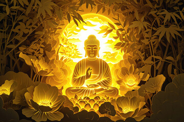 glowing golden buddha face decorated with pink lotuses, jungle nature background