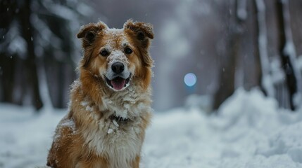 Fototapeta premium A happy dog sitting on the snow in the park, winter nature and pets. Created with Generative Ai technology.