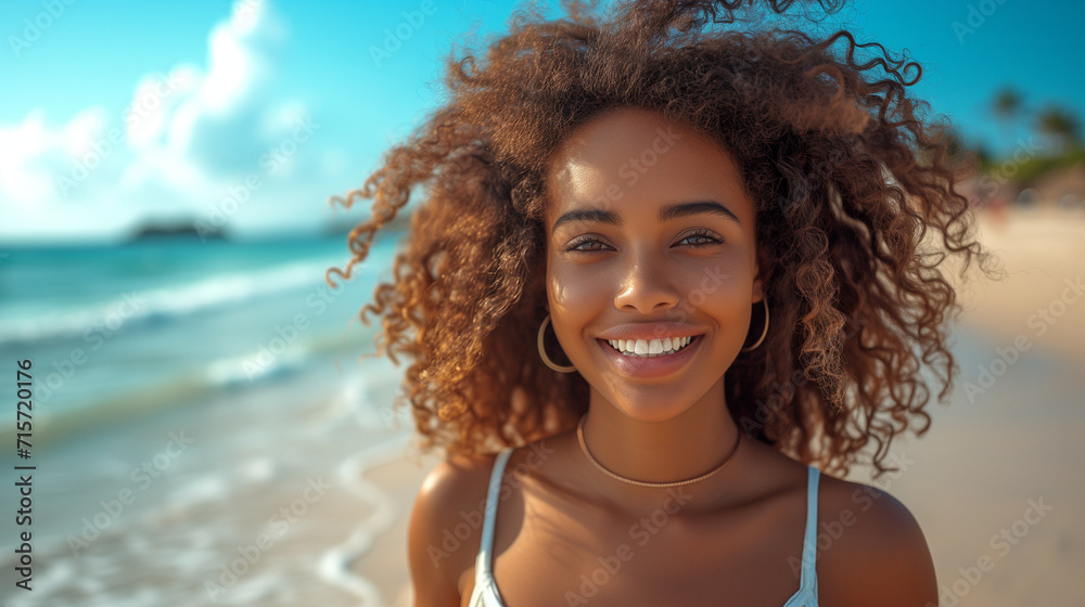 Sticker gorgeous beach beauty with curly hair and sun-kissed skin