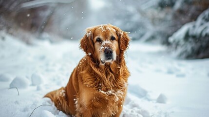 A happy dog sitting on the snow in the park, winter nature and pets. Created with Generative Ai technology.