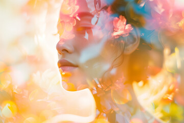 Floral portrait of a young woman in spring, natural lifestyle, double exposure photo
