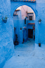 Traditional moroccan courtyard in Chefchaouen blue city medina in Morocco, architectural details in...