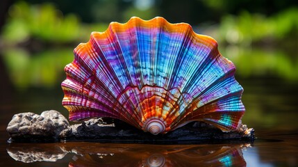 Lustrous seashell with intricate patterns and iridescent colors under natural light