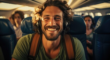 A stylishly dressed man with a warm smile gazes confidently at the camera from inside the aircraft cabin, his human face framed by a well-groomed beard, exuding a sense of calm and contentment as a p
