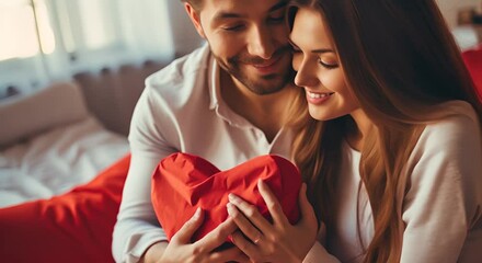 A loving couple embracing and holding a red heart-shaped pillow, sharing a moment of affection.
