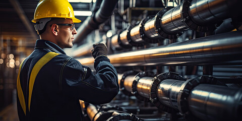 Male worker inspecting steel long pipes and pipe bends in factory of the oil refining and gas industry. Place for text