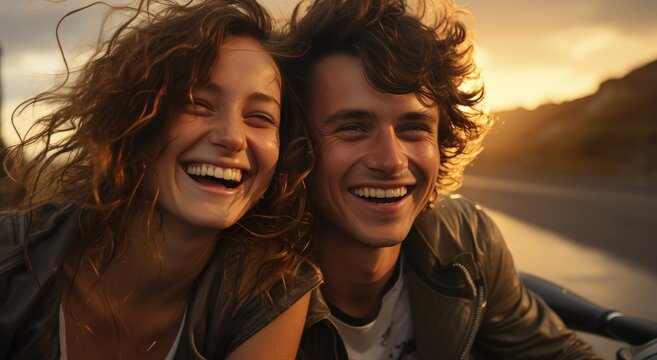 A sun-kissed couple radiating joy and carefree energy, their windswept hair and genuine smiles mirroring the vibrant hues of the sunset behind them