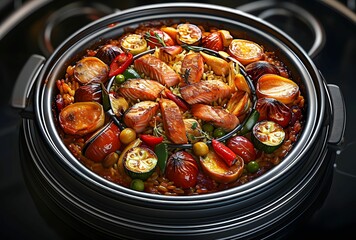 Salmon and Vegetable Delight - Spanish Paella in a Flavorful Pan