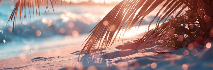 Sunset Beach Sand Wallpaper and Design with Palm Trees Reflection, Generative AI - obrazy, fototapety, plakaty