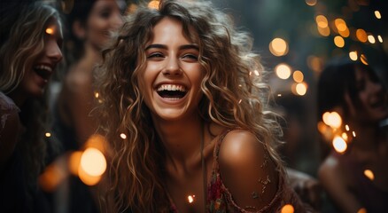 A joyous woman radiating pure happiness as she laughs in the glow of candlelight, her sparkling smile and vibrant clothing adding to the magic of the moment