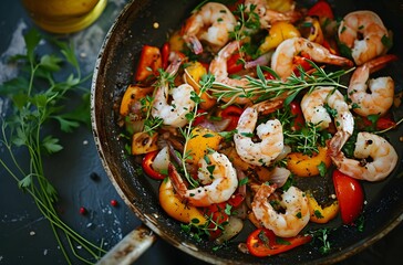 Intimate Home Dining - Spanish Shrimp and Veggie Paella in Dark Yellow and Dark Silver Pan closeup view