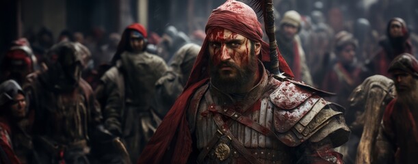 In the aftermath of the battle for Constantinople, an Ottoman soldier displays a bloodied face, bearing the scars of conquest.Generated image