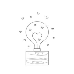 Love lamp on wooden stand with heart-shaped backlight. Lamp for Valentine's day or for wedding. Coloring book. Black outline of the illustration on white background. Cute lamp in casual style