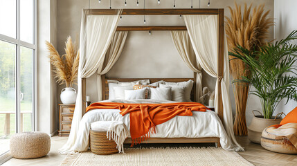 A charming boho-style bedroom with elegant bedroom with a canopy bed, white and orange bedding, wicker and wooden furniture, pampas grass, and large windows showing a view of greenery outside
