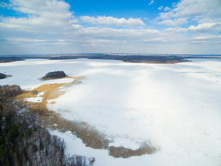 Sosnówka island on the frozen Mamry lake, Mazury, Poland