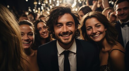 A joyful group of friends, dressed in formal attire, beam with happiness and laughter as they stand together at a wedding, showcasing the beauty of human connection and friendship