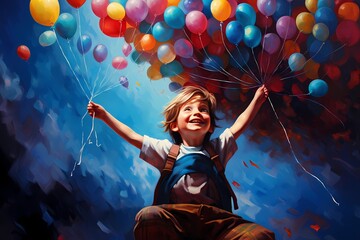 A joyful child surrounded by colorful balloons, reaching out to grab one and let it float up into the sky. - obrazy, fototapety, plakaty