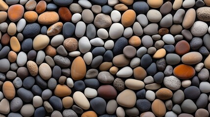 Pebbles stone wall texture background. Pebbles mosaic. Wave pattern design beach pebbles on concrete wall abstract background. Embedding individual stones in cement. Natural stone pebbles. Simple wall