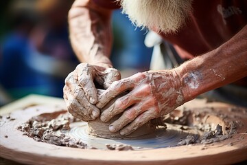 Potter s hands shaping vibrant textured clay in bright natural light