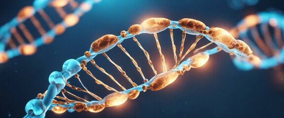3d illustration of rotating DNA glowing molecule on blue background