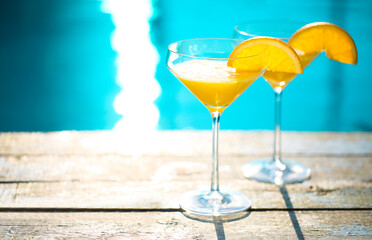 Champagne glasses with orange slice Mimosa cocktail