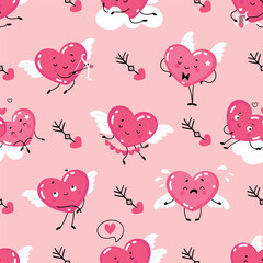 Funny hearts seamless pattern. Cute heart different emotions, cartoon love and romantic pink symbols. Lovely characters nowaday vector background