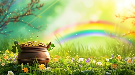 Leprechauns bounty, Pot of gold, rainbow backdrop a magical St. Patricks Day illustration, blending whimsy with the vibrant spirit of the holiday. St. Patricks Day concept. - obrazy, fototapety, plakaty