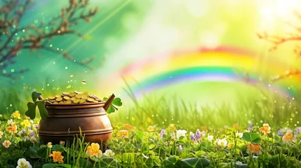 Foto op Canvas Leprechauns bounty, Pot of gold, rainbow backdrop a magical St. Patricks Day illustration, blending whimsy with the vibrant spirit of the holiday. St. Patricks Day concept. © John Martin
