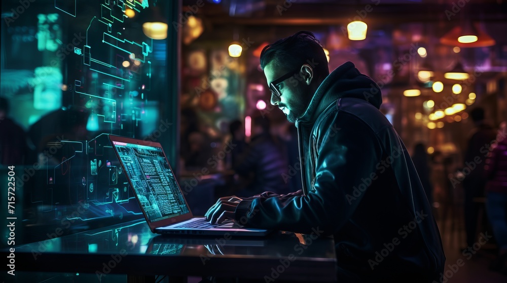 Poster coding in a modern workspace tech gadgets, vibrant lines of code, and a sleek environment