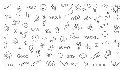 Doodle line glitter elements. Simple tiny lined arrows, springs, pennant banners, hearts and speech bubbles. Isolated hand drawn neoteric vector collection