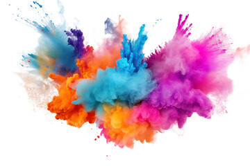 Dust explosion with rainbow powder. Abstract powder paint, splash paint, explosion texture, cloud creative dust, wallpaper concept. Design of rainbow smoke ink. Isolated White Background