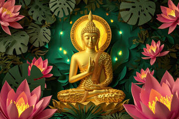 glowing golden buddha face decorated with pink lotuses, jungle nature background