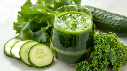 Obraz premium Vibrant Green Juice Elixir Surrounded by Fresh Vegetables