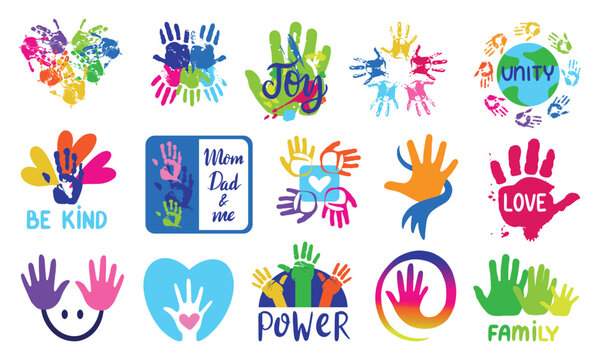 Colorful handprints design. Different logo with palm prints. Family and relationship, parenthood, friendship and love. Pride month, neoteric vector set