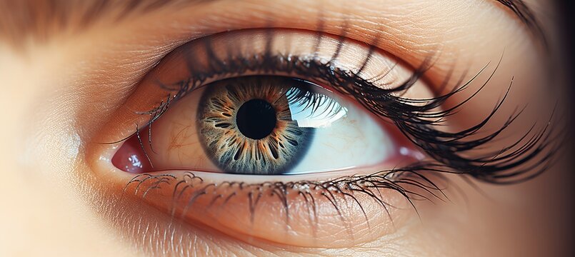 Close up of female eye with long eyelashes on blurred background with copy space