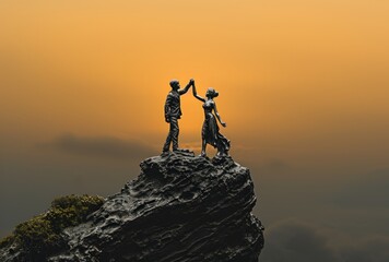 Golden Horizon Silhouette, Romantic Couple on Cliff Wallpaper and Design, Generative AI