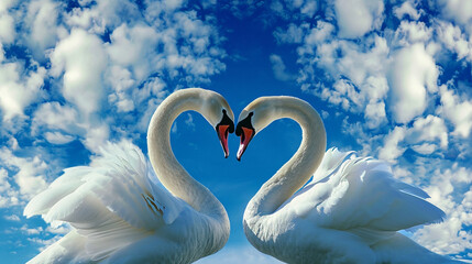 Two white swans in love under the blue sky and white clouds