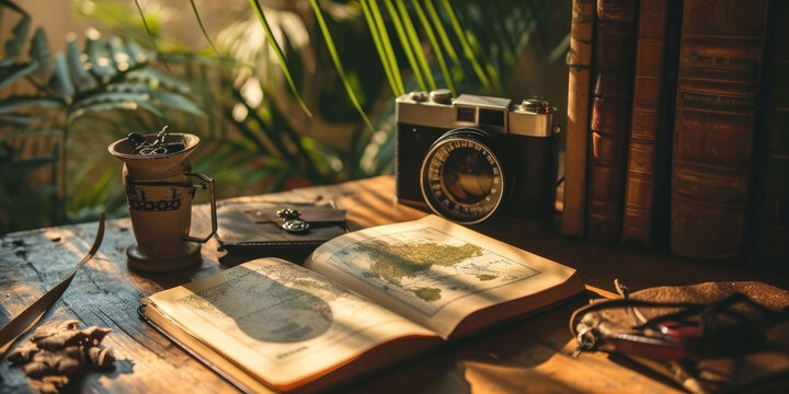 vacation, trip. Atmospheric photography in retro style, travel planning, an image of a notebook, a list of things for the road, a hat and a camera, a world map