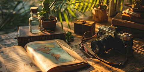 vacation, trip. Atmospheric photography in retro style, travel planning, an image of a notebook, a list of things for the road, a hat and a camera, a world map - obrazy, fototapety, plakaty