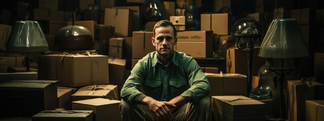 A solitary man contemplates his past, surrounded by empty boxes once filled with the remnants of his life, his weary face reflecting the weight of memories and the daunting task of starting anew