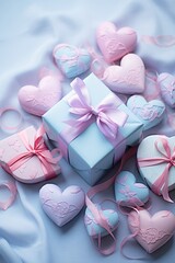 Pastel Hearts Assortment: Soft Colors on Blue Surface for Valentine's Day Concept