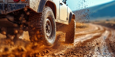 Off road car is driving fast by a dirty road